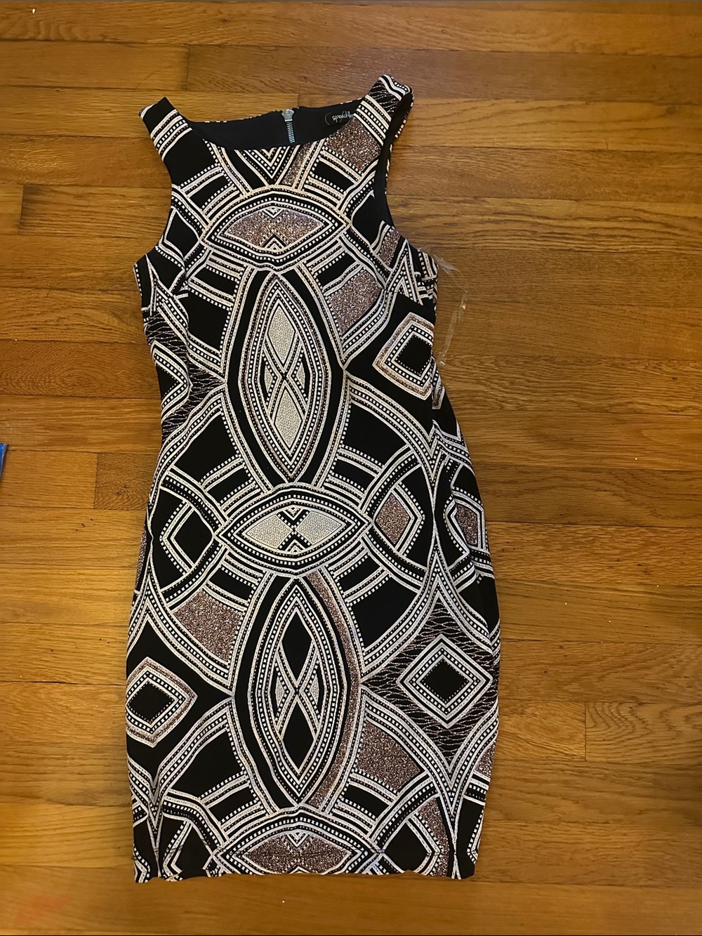 Speechless Black and Metallic Geometric Sheath Dress